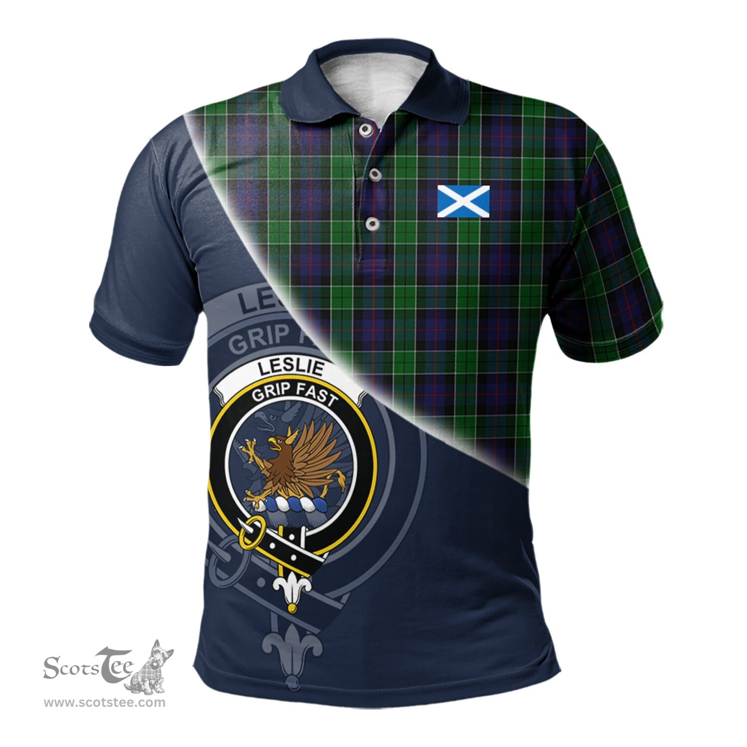 Scottish Leslie Hunting Clan Scotland Golf Plaid Polo Shirt with Scottish Flag Tartan Mens Polo Shirts Scottish Plaid Tartan Plaid - ScotsTee - scotstee.com