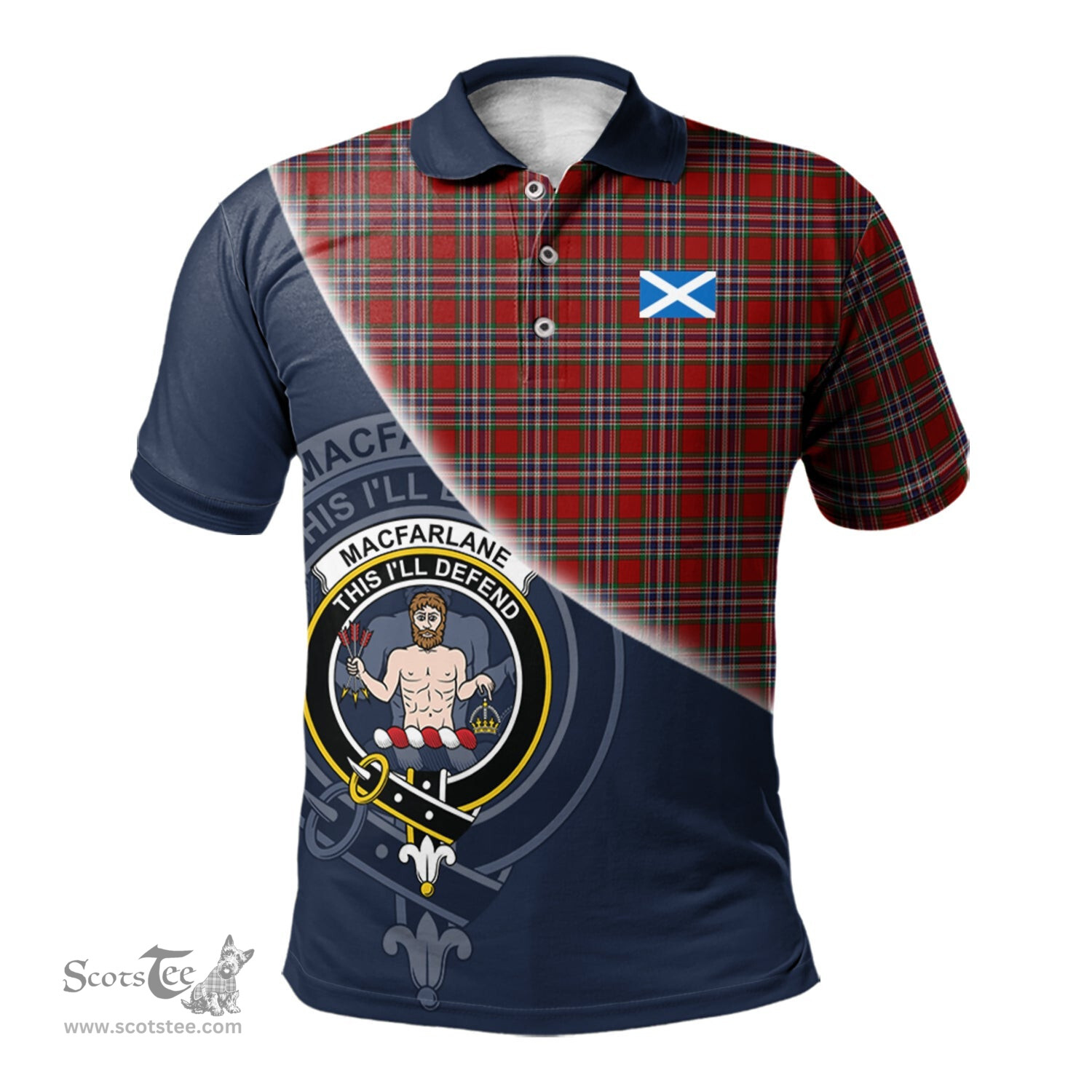 Scottish MacFarlane Red Clan Scotland Golf Plaid Polo Shirt with Scottish Flag Tartan Mens Polo Shirts Scottish Plaid Tartan Plaid - ScotsTee - scotstee.com