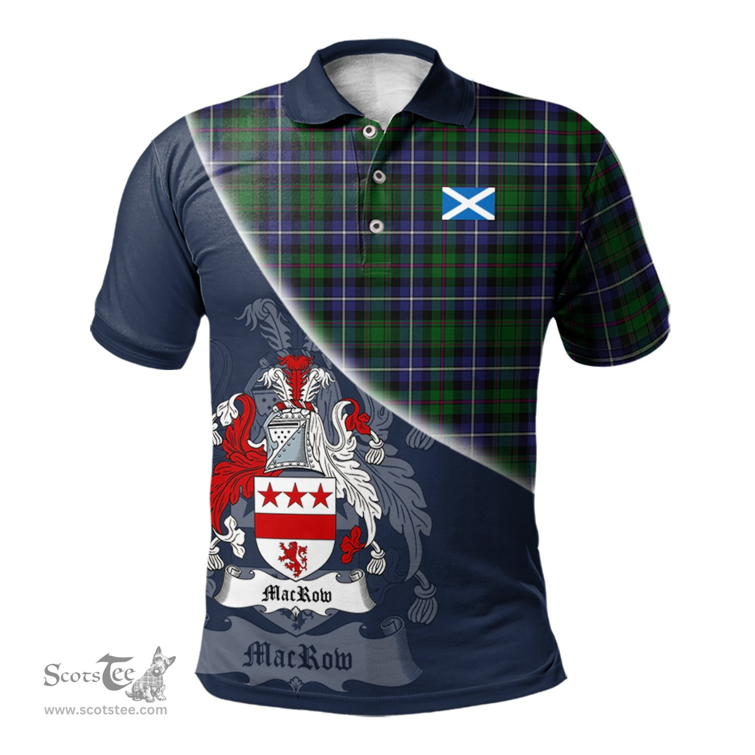 Scottish MacRow Hunting Clan Scotland Golf Plaid Polo Shirt with Scottish Flag Tartan Mens Polo Shirts Scottish Plaid Tartan Plaid - ScotsTee - scotstee.com