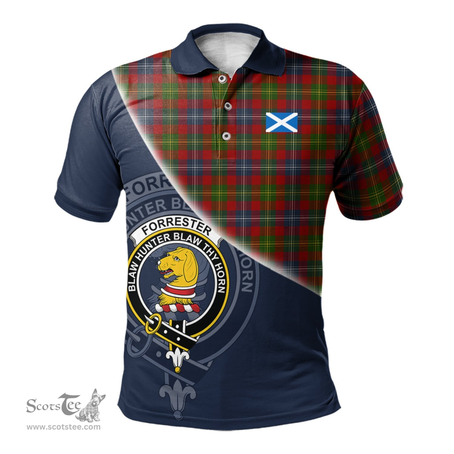 Scottish Forrester or Foster Clan Scotland Golf Plaid Polo Shirt with Scottish Flag Tartan Mens Polo Shirts Scottish Plaid Tartan Plaid - ScotsTee - scotstee.com