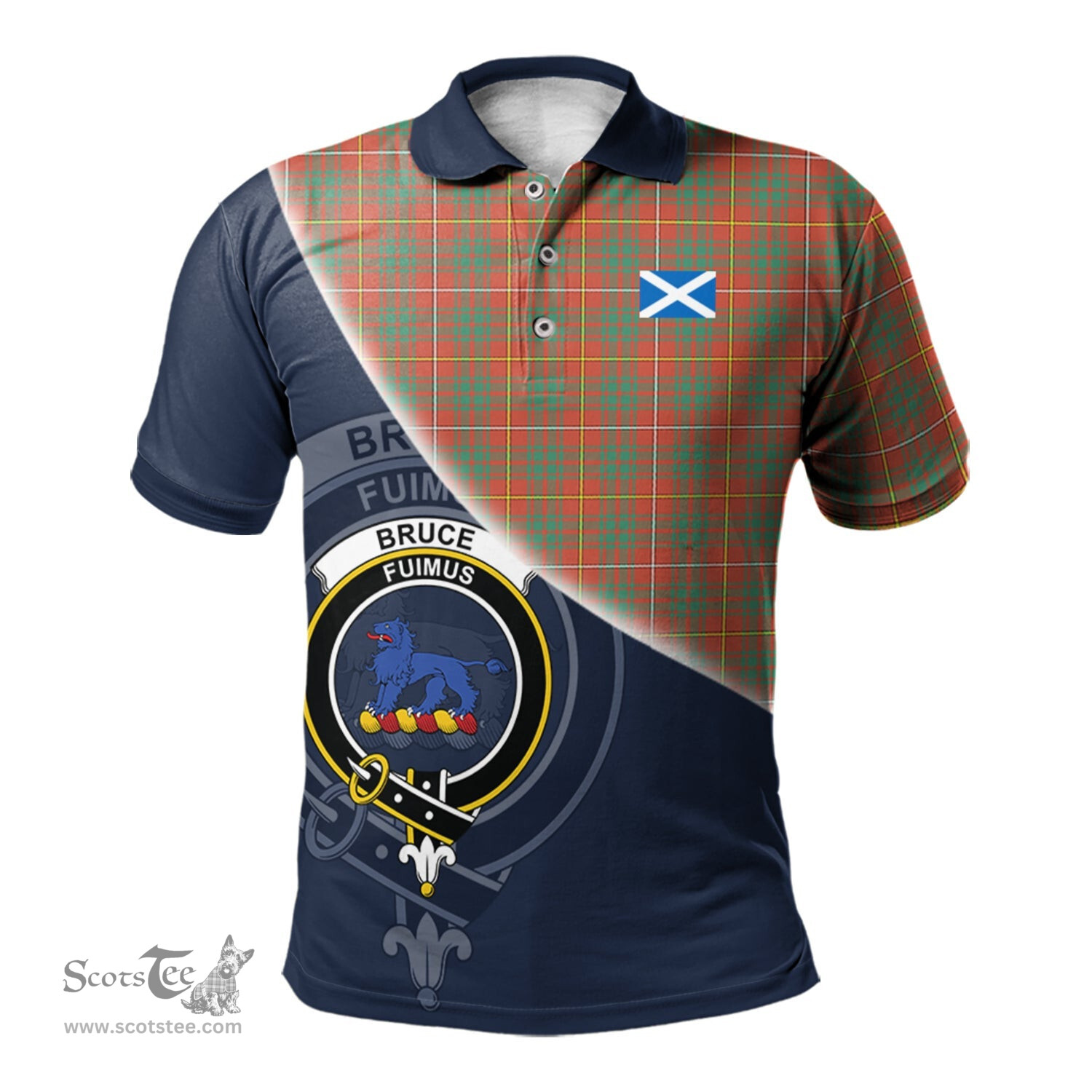 Scottish Bruce Ancient Clan Scotland Golf Plaid Polo Shirt with Scottish Flag Tartan Mens Polo Shirts Scottish Plaid Tartan Plaid - ScotsTee - scotstee.com