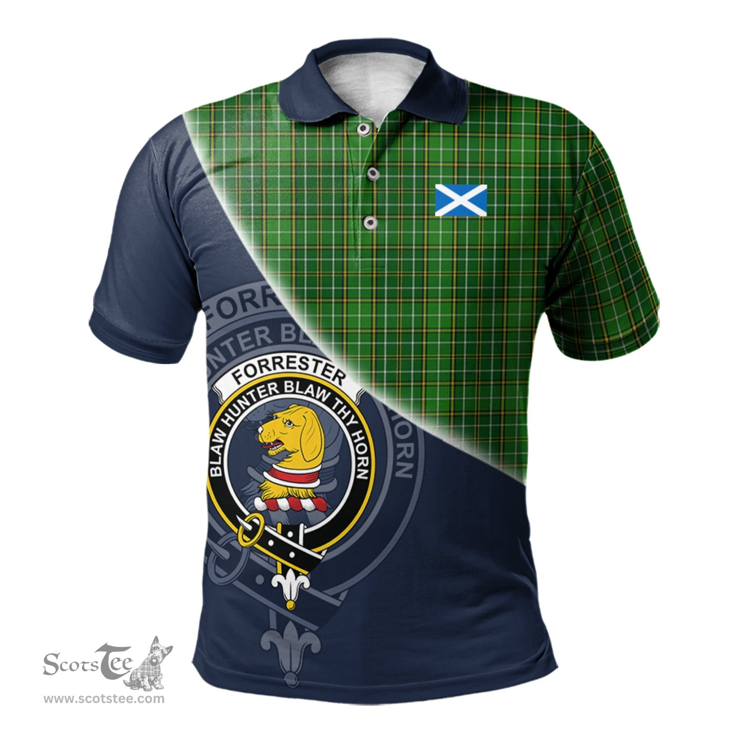Scottish Forrester or Foster Hunting Clan Scotland Golf Plaid Polo Shirt with Scottish Flag Tartan Mens Polo Shirts Scottish Plaid Tartan Plaid - ScotsTee - scotstee.com