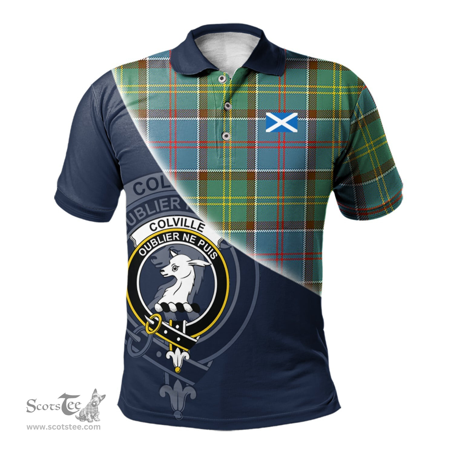 Scottish Colville Clan Scotland Golf Plaid Polo Shirt with Scottish Flag Tartan Mens Polo Shirts Scottish Plaid Tartan Plaid - ScotsTee - scotstee.com