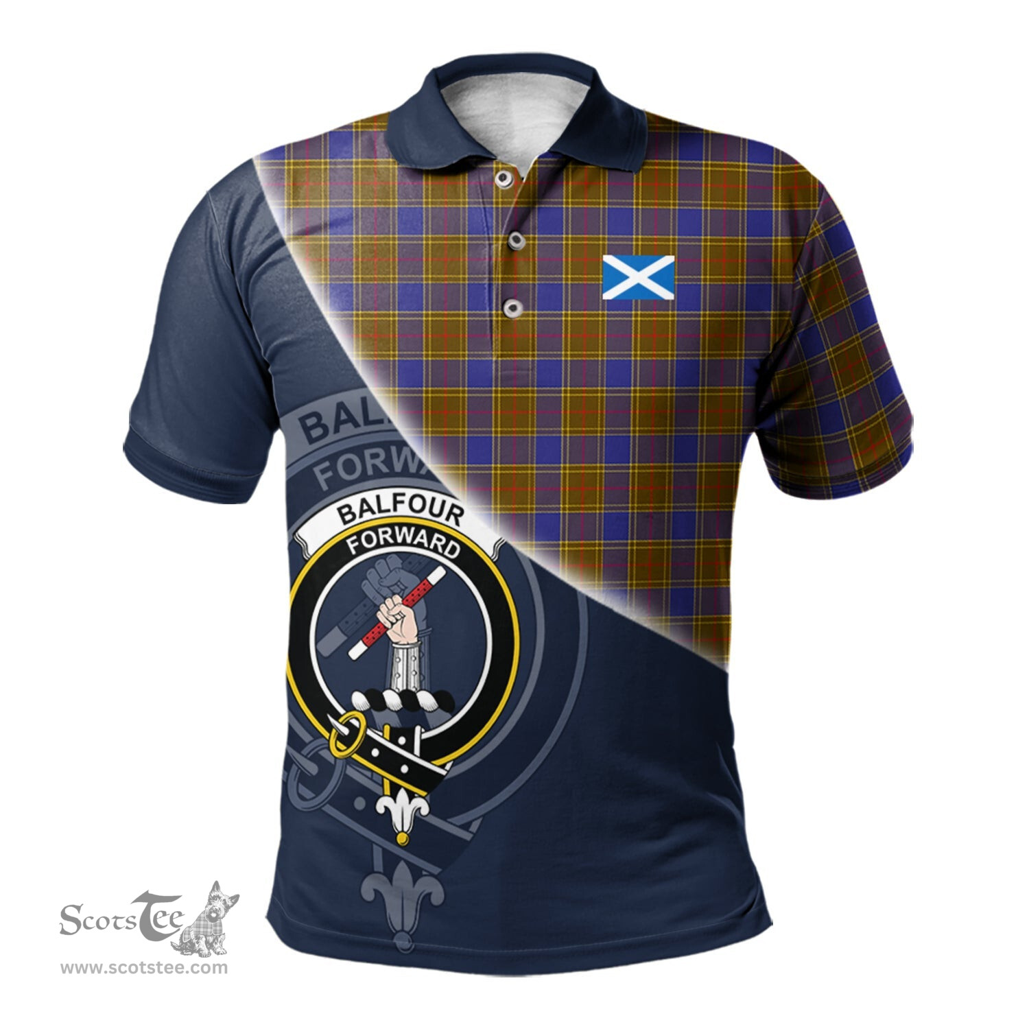 Scottish Balfour Modern Clan Scotland Golf Plaid Polo Shirt with Scottish Flag Tartan Mens Polo Shirts Scottish Plaid Tartan Plaid - ScotsTee - scotstee.com