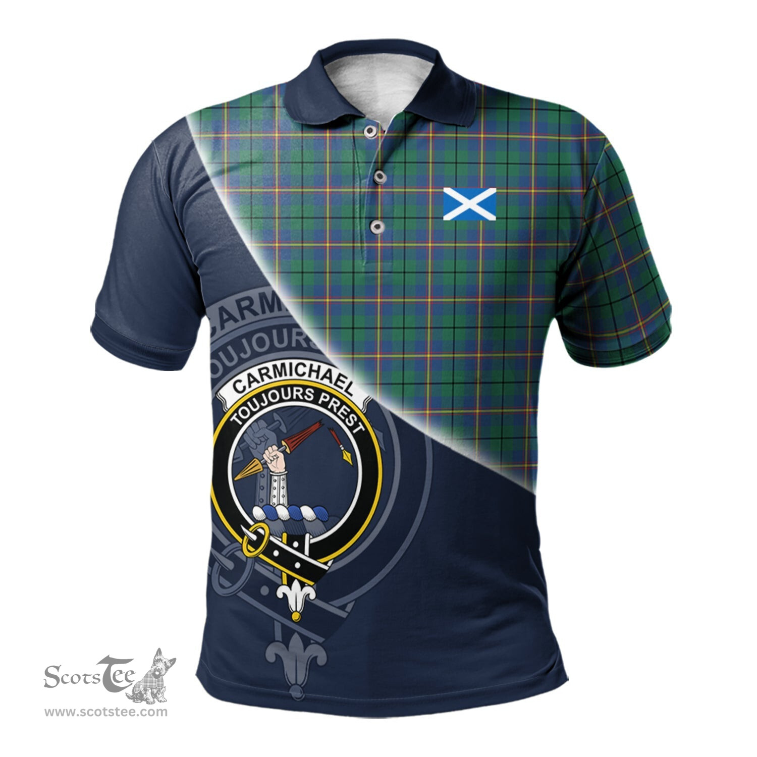 Scottish Carmichael Ancient Clan Scotland Golf Plaid Polo Shirt with Scottish Flag Tartan Mens Polo Shirts Scottish Plaid Tartan Plaid - ScotsTee - scotstee.com