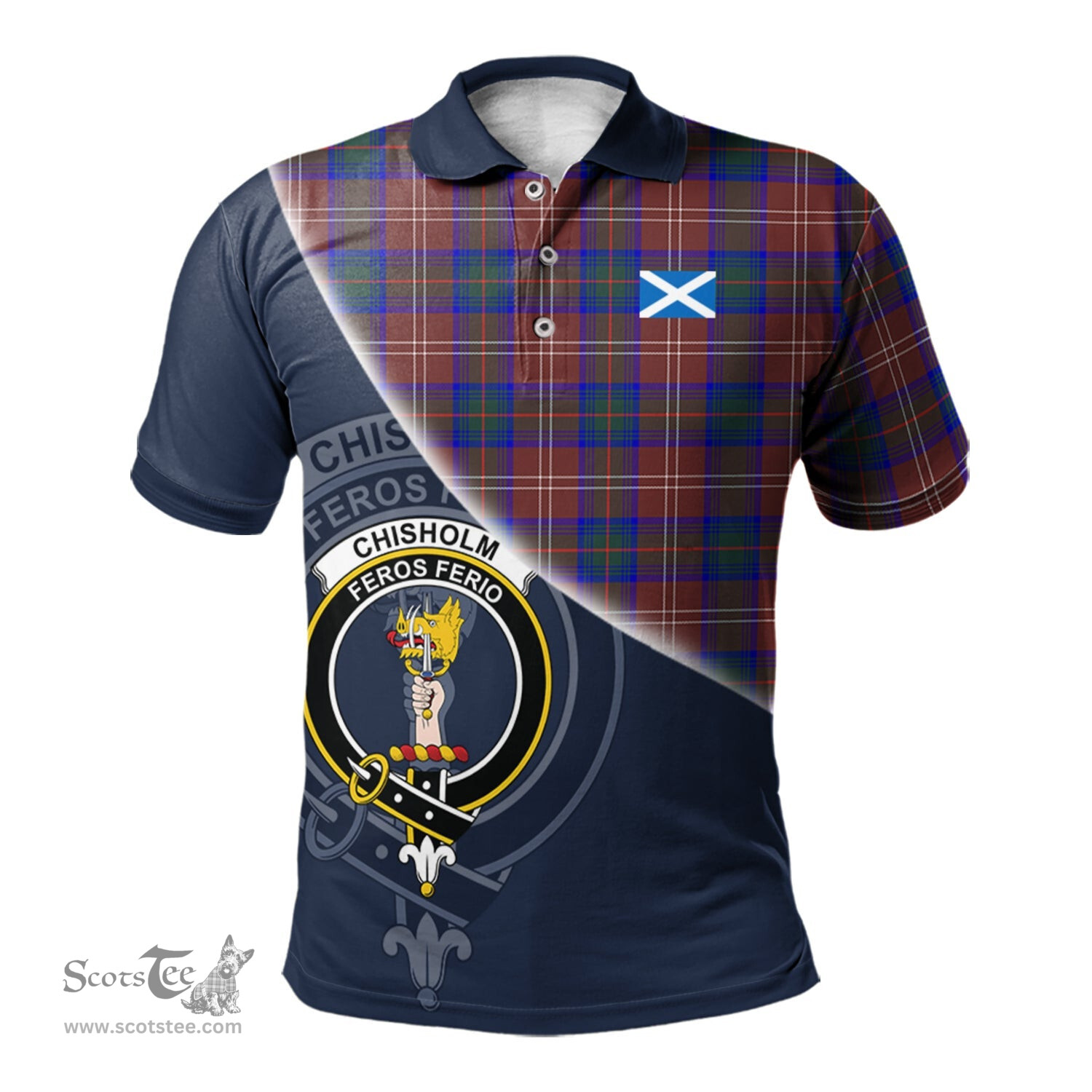 Scottish Chisholm Hunting Modern Clan Scotland Golf Plaid Polo Shirt with Scottish Flag Tartan Mens Polo Shirts Scottish Plaid Tartan Plaid - ScotsTee - scotstee.com