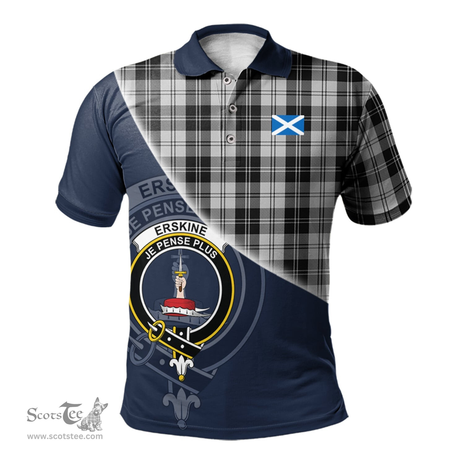 Scottish Erskine Black and White Clan Scotland Golf Plaid Polo Shirt with Scottish Flag Tartan Mens Polo Shirts Scottish Plaid Tartan Plaid - ScotsTee - scotstee.com