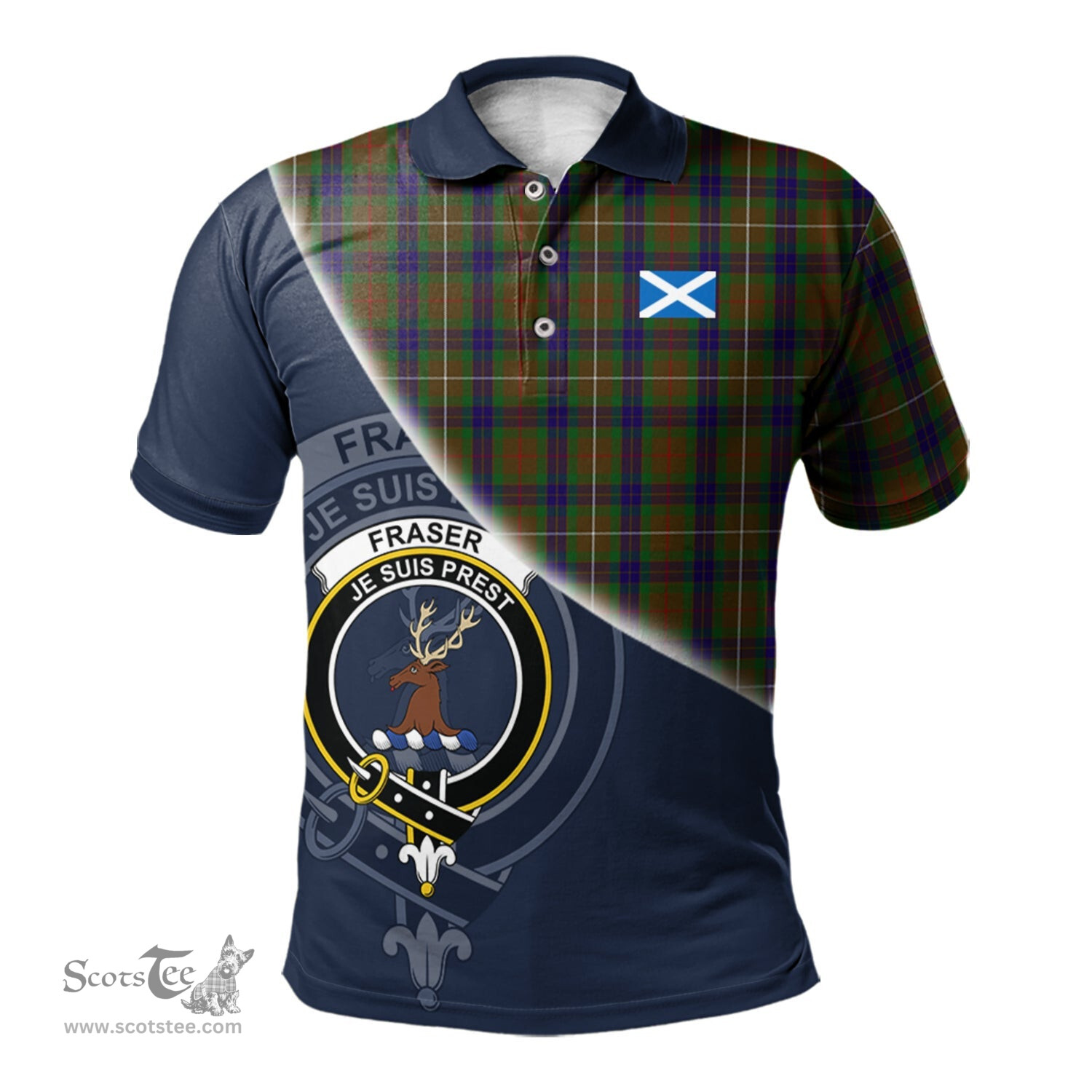 Scottish Fraser Hunting Clan Scotland Golf Plaid Polo Shirt with Scottish Flag Tartan Mens Polo Shirts Scottish Plaid Tartan Plaid - ScotsTee - scotstee.com
