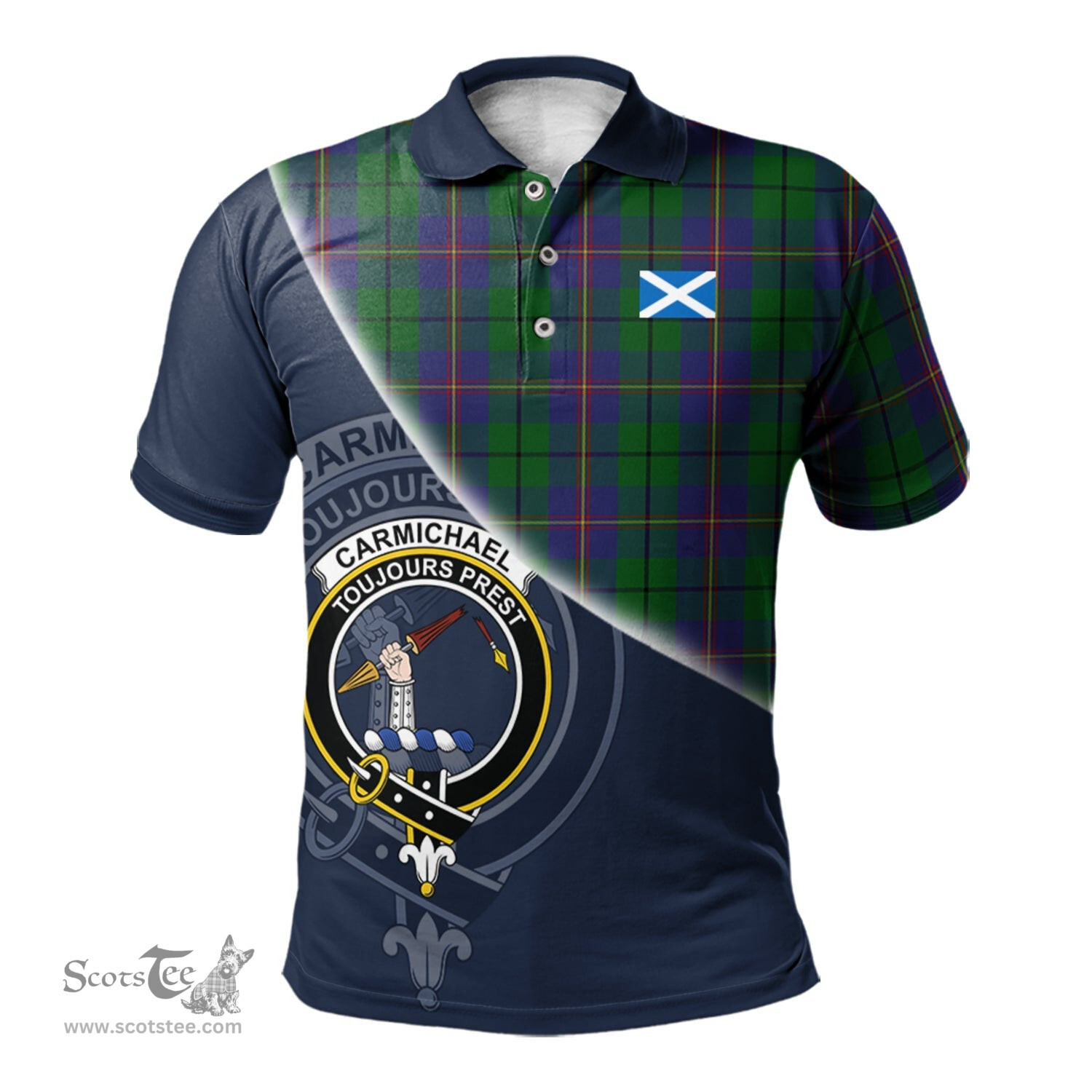 Scottish Carmichael Clan Scotland Golf Plaid Polo Shirt with Scottish Flag Tartan Mens Polo Shirts Scottish Plaid Tartan Plaid - ScotsTee - scotstee.com