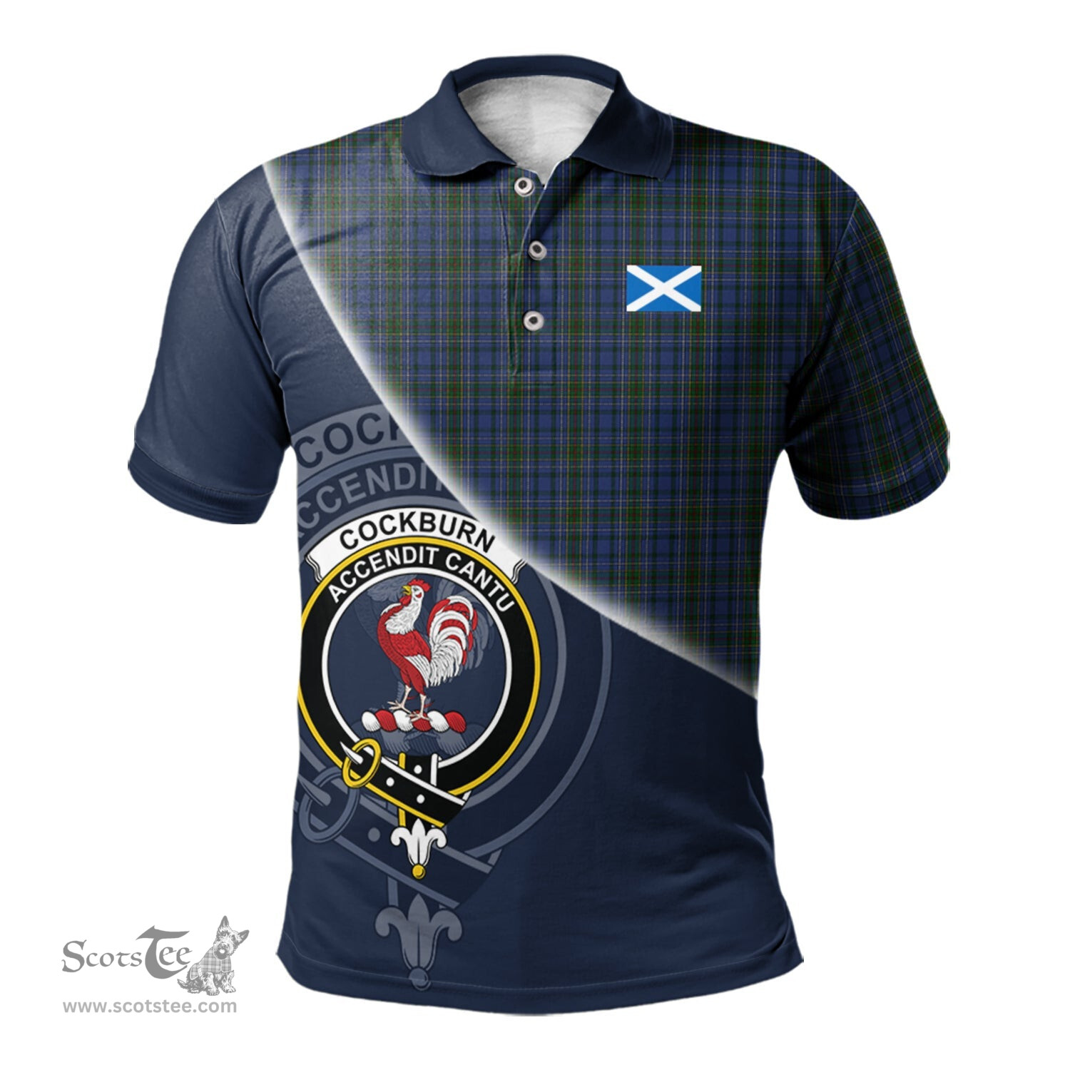 Scottish Cockburn Blue Clan Scotland Golf Plaid Polo Shirt with Scottish Flag Tartan Mens Polo Shirts Scottish Plaid Tartan Plaid - ScotsTee - scotstee.com