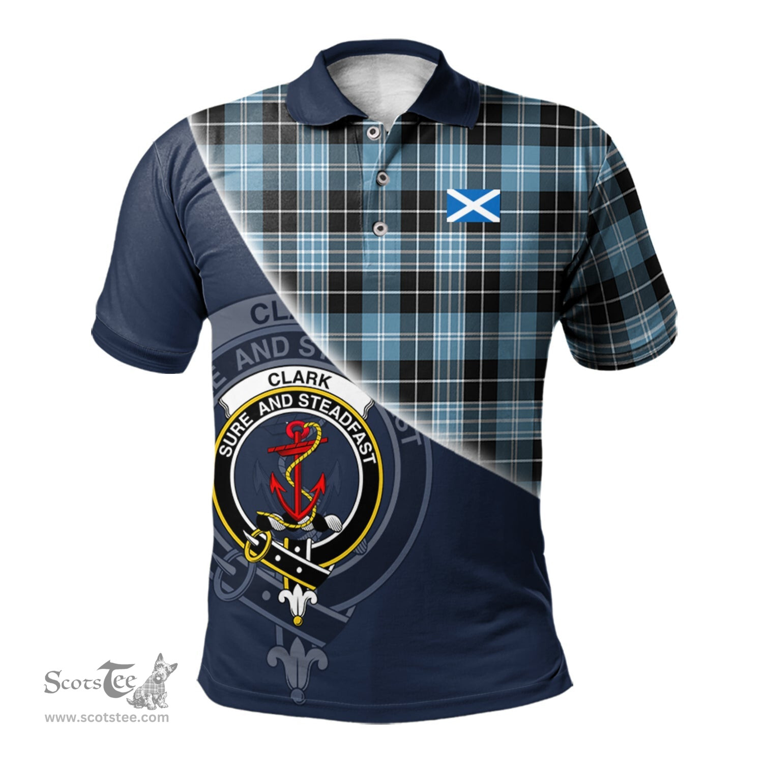 Scottish Clark Ancient Clan Scotland Golf Plaid Polo Shirt with Scottish Flag Tartan Mens Polo Shirts Scottish Plaid Tartan Plaid - ScotsTee - scotstee.com