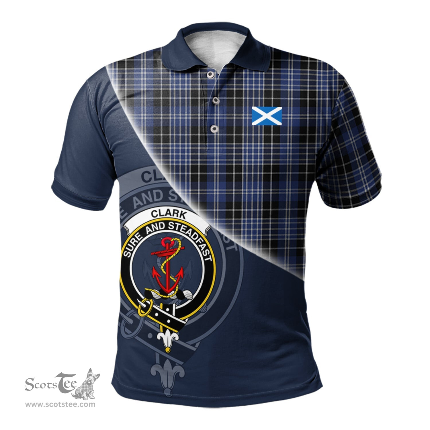 Scottish Clark Clan Scotland Golf Plaid Polo Shirt with Scottish Flag Tartan Mens Polo Shirts Scottish Plaid Tartan Plaid - ScotsTee - scotstee.com