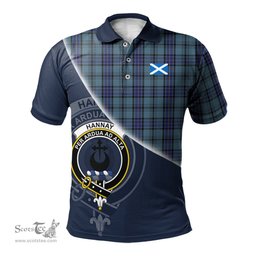 Scottish Hannay Blue Clan Scotland Golf Plaid Polo Shirt with Scottish Flag Tartan Mens Polo Shirts Scottish Plaid Tartan Plaid - ScotsTee - scotstee.com