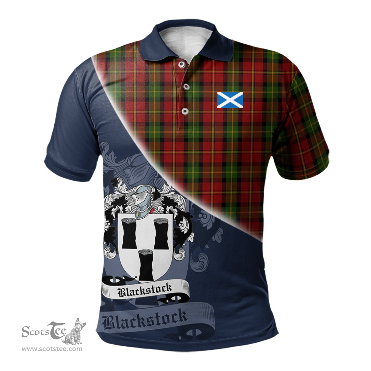 Scottish Blackstock Red Dress Clan Scotland Golf Plaid Polo Shirt with Scottish Flag Tartan Mens Polo Shirts Scottish Plaid Tartan Plaid - ScotsTee - scotstee.com