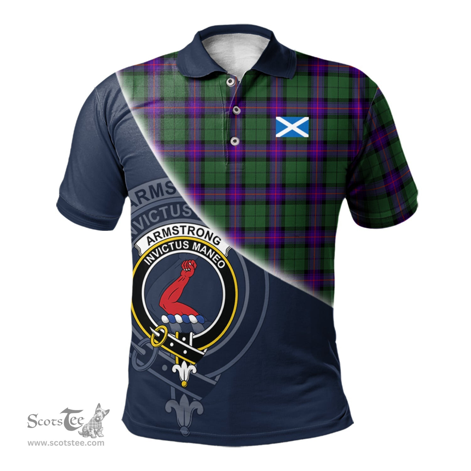 Scottish Armstrong Modern Clan Scotland Golf Plaid Polo Shirt with Scottish Flag Tartan Mens Polo Shirts Scottish Plaid Tartan Plaid - ScotsTee - scotstee.com