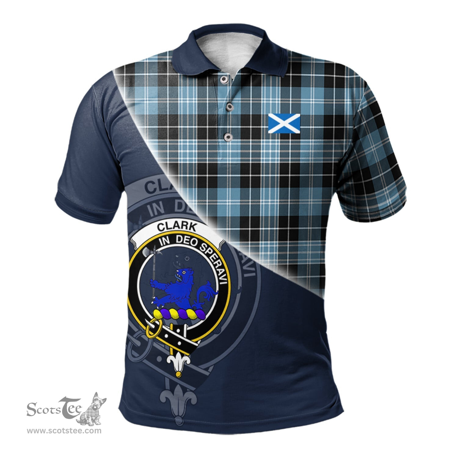 Scottish Clark (Lion) Ancient Clan Scotland Golf Plaid Polo Shirt with Scottish Flag Tartan Mens Polo Shirts Scottish Plaid Tartan Plaid - ScotsTee - scotstee.com