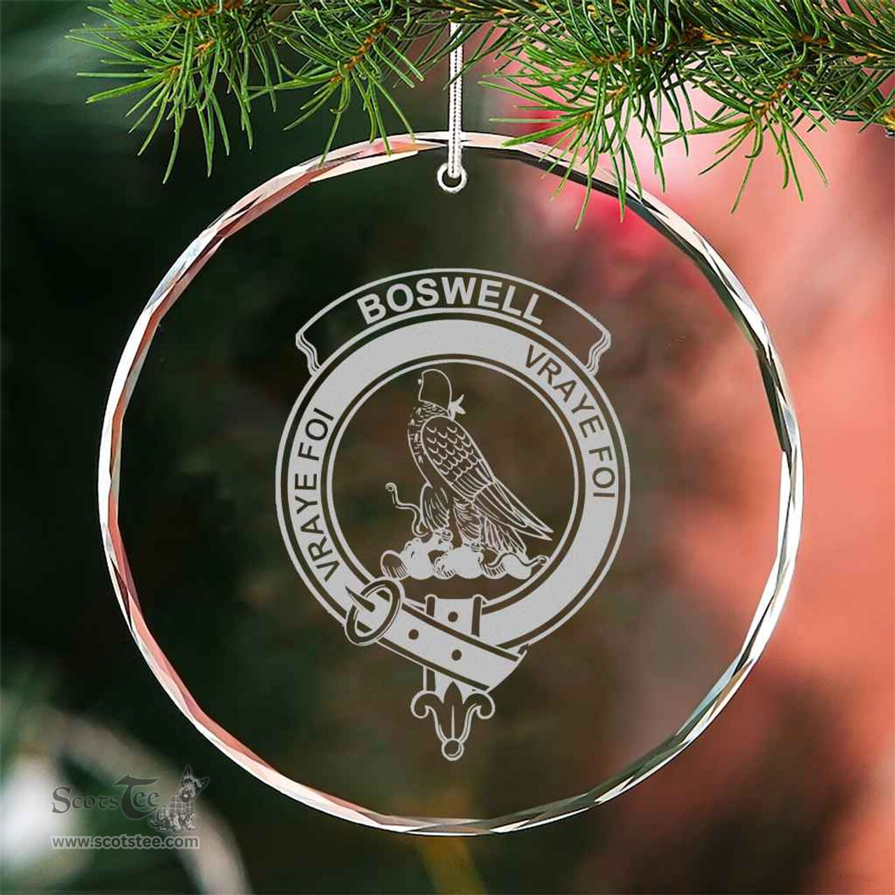 Scottish Boswell Clan Crest Crystal Tartan Ornament - Tartan Christmas Ornaments ScotsTee Shop - Scottish Plaid - Tartan Plaid - Tartan Christmas Decor - ScotsTee.com