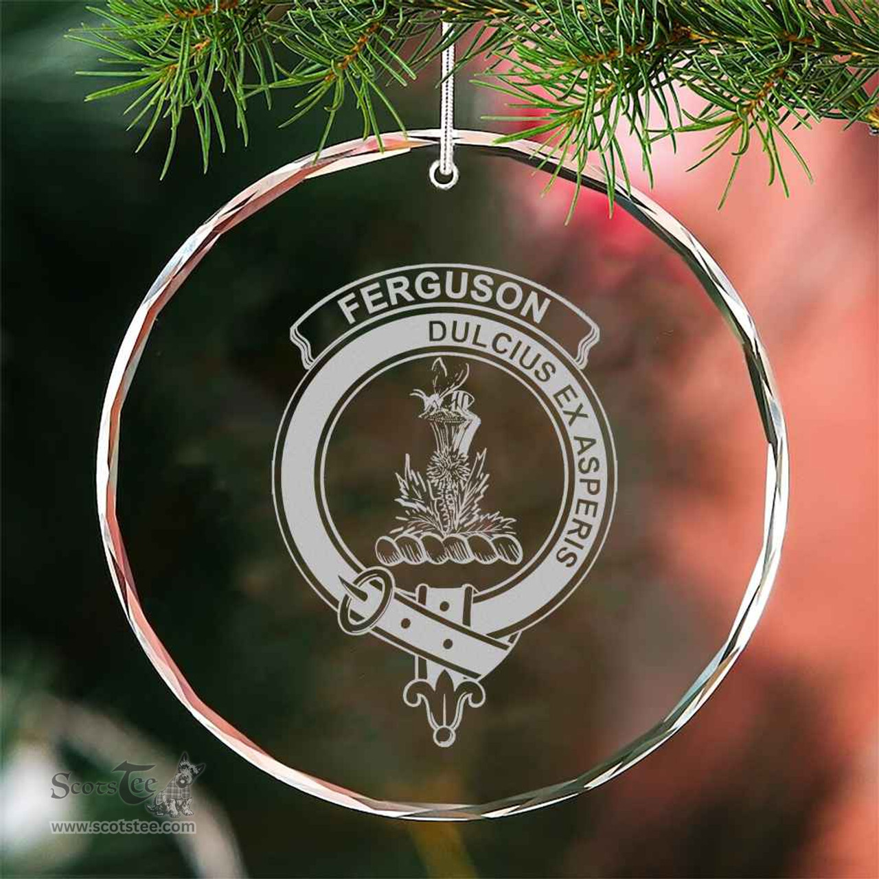 Scottish Fergusson Clan Crest Crystal Tartan Ornament - Tartan Christmas Ornaments ScotsTee Shop - Scottish Plaid - Tartan Plaid - Tartan Christmas Decor - ScotsTee.com