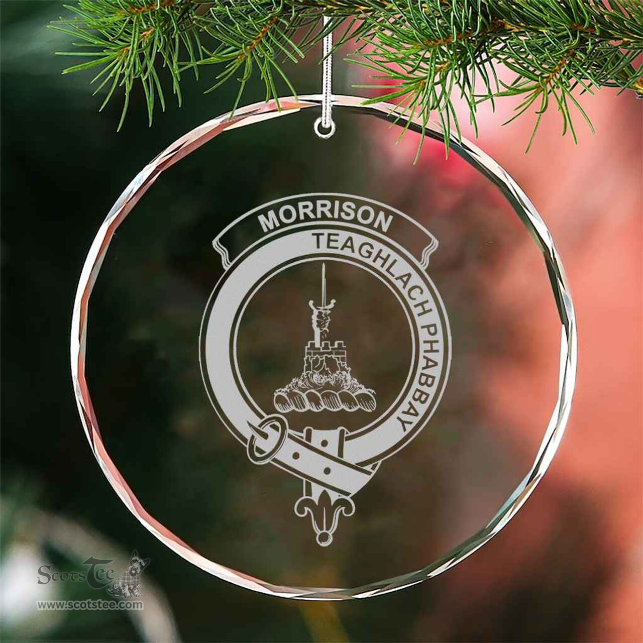 Scottish Morrison Clan Crest Crystal Tartan Ornament - Tartan Christmas Ornaments ScotsTee Shop - Scottish Plaid - Tartan Plaid - Tartan Christmas Decor - ScotsTee.com