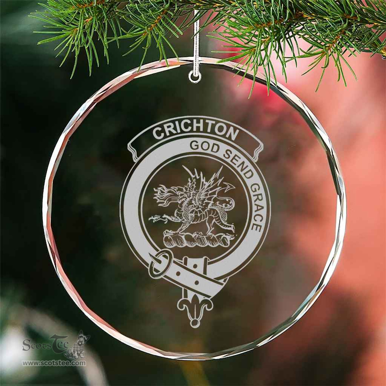 Scottish Crichton Clan Crest Crystal Tartan Ornament - Tartan Christmas Ornaments ScotsTee Shop - Scottish Plaid - Tartan Plaid - Tartan Christmas Decor - ScotsTee.com