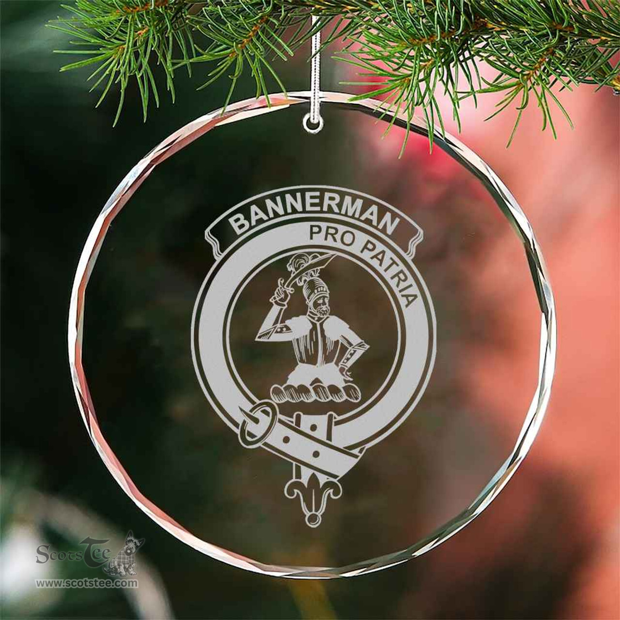 Scottish Bannerman Clan Crest Crystal Tartan Ornament - Tartan Christmas Ornaments ScotsTee Shop - Scottish Plaid - Tartan Plaid - Tartan Christmas Decor - ScotsTee.com