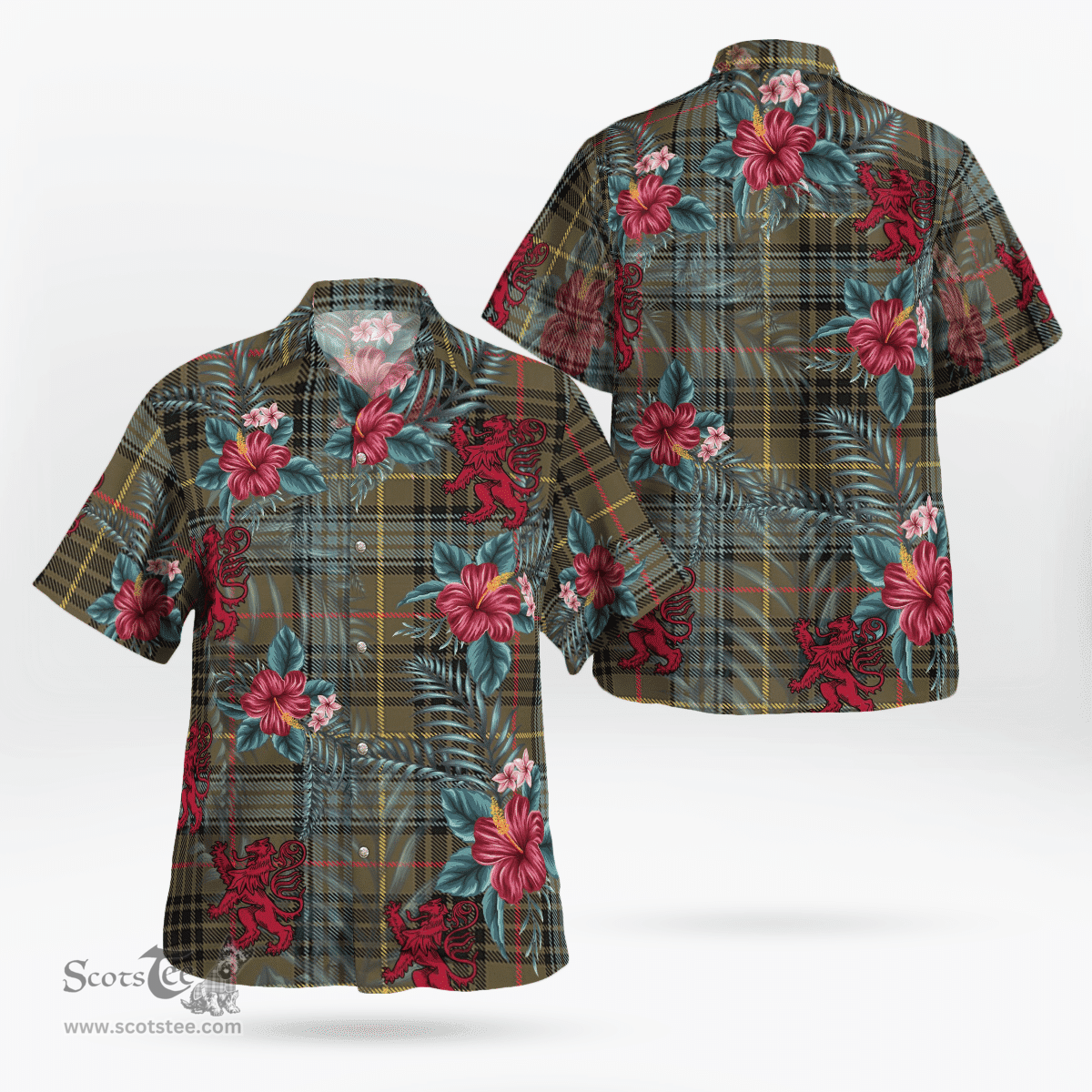 Scottish Clan Stewart Hunting Weathered Tartan Scottish Lion Hawaiian Shirt | Tartan Plaid Shirt Scottish Plaid Tartan Plaid - ScotsTee - scotstee.com