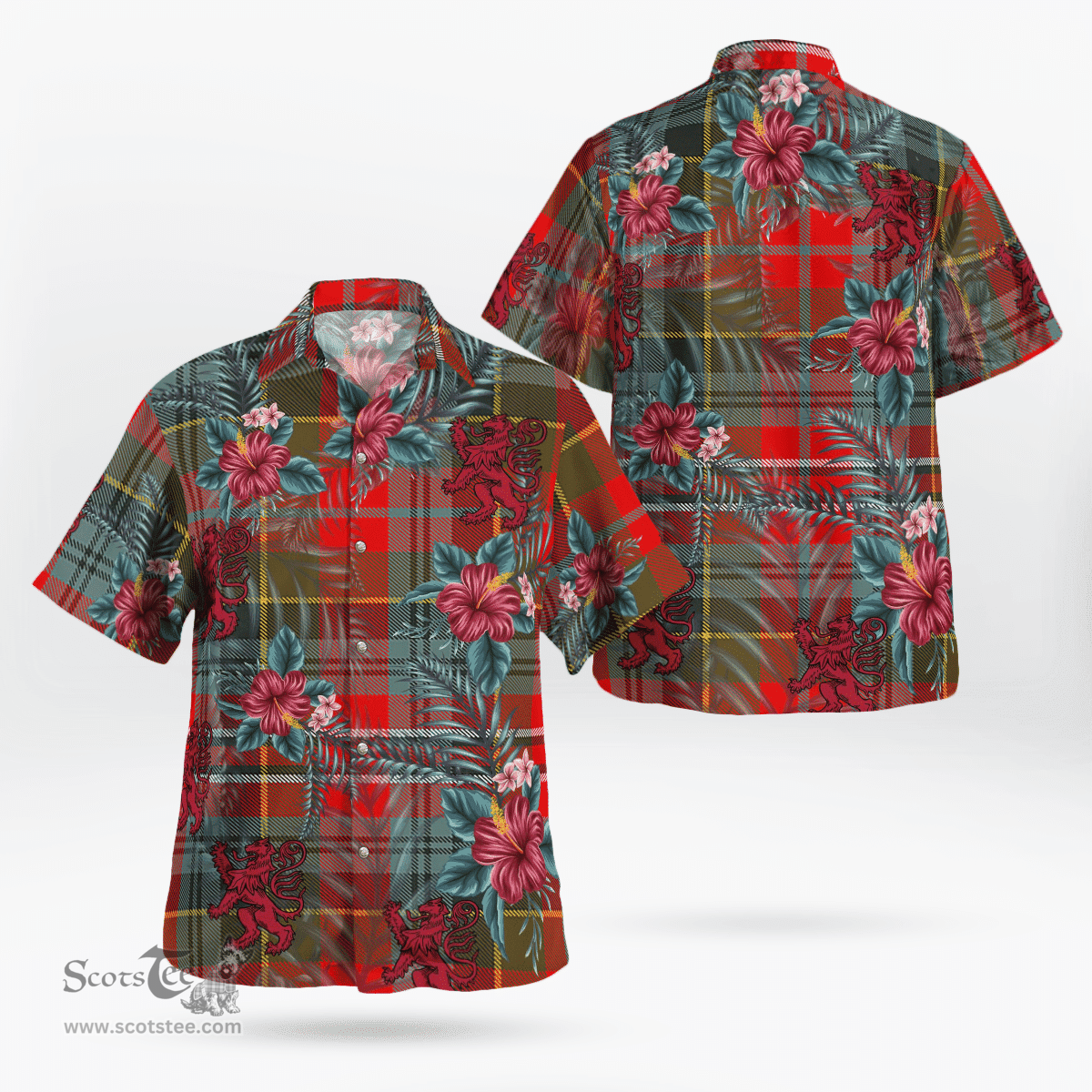 Scottish Clan MacPherson Weathered Tartan Scottish Lion Hawaiian Shirt | Tartan Plaid Shirt Scottish Plaid Tartan Plaid - ScotsTee - scotstee.com