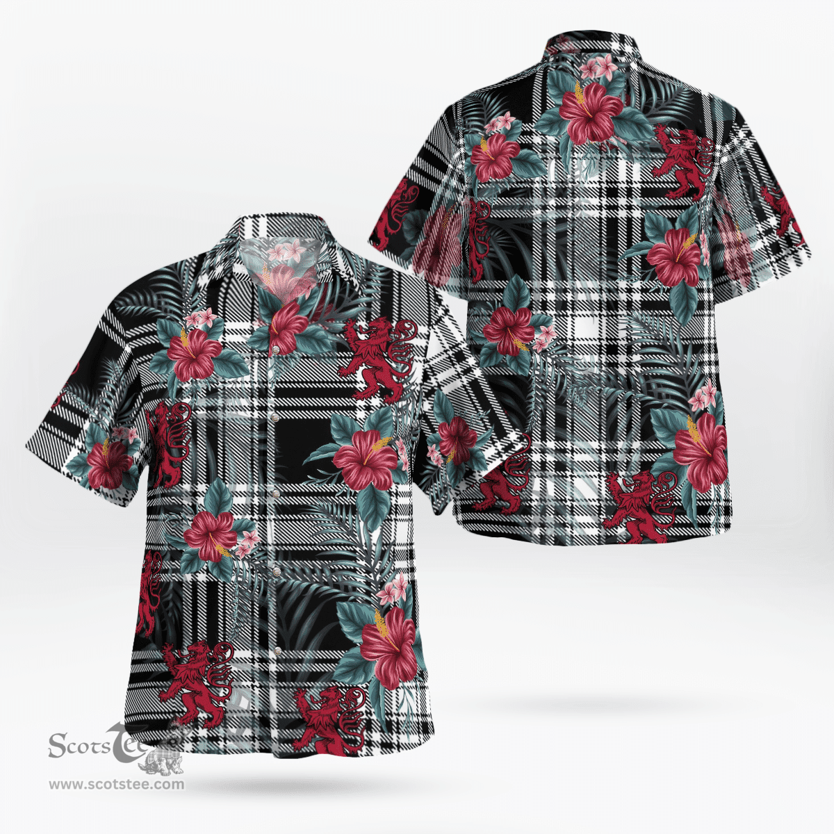 Scottish Clan Menzies Black & White Modern Tartan Scottish Lion Hawaiian Shirt | Tartan Plaid Shirt Scottish Plaid Tartan Plaid - ScotsTee - scotstee.com