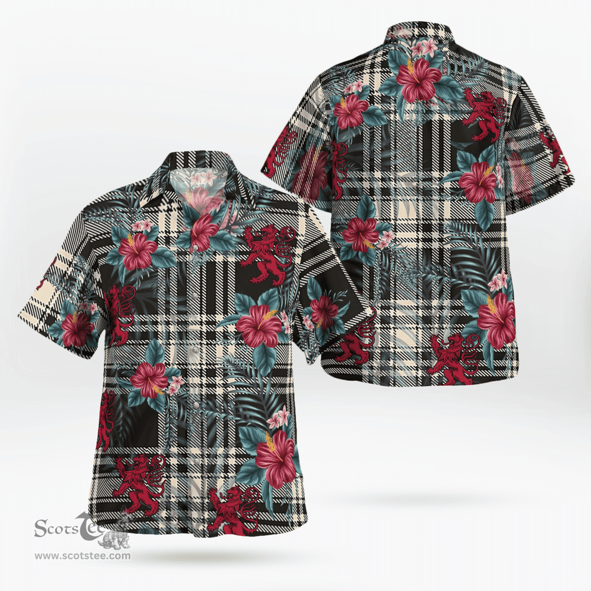 Scottish Clan Menzies Black & White Ancient Tartan Scottish Lion Hawaiian Shirt | Tartan Plaid Shirt Scottish Plaid Tartan Plaid - ScotsTee - scotstee.com