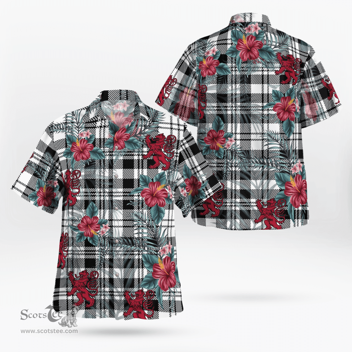 Scottish Clan Scott Black & White Modern Tartan Scottish Lion Hawaiian Shirt | Tartan Plaid Shirt Scottish Plaid Tartan Plaid - ScotsTee - scotstee.com