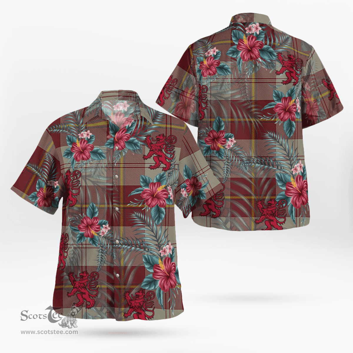 Scottish Clan Cunningham Burgundy Dancers Tartan Scottish Lion Hawaiian Shirt | Tartan Plaid Shirt Scottish Plaid Tartan Plaid - ScotsTee - scotstee.com