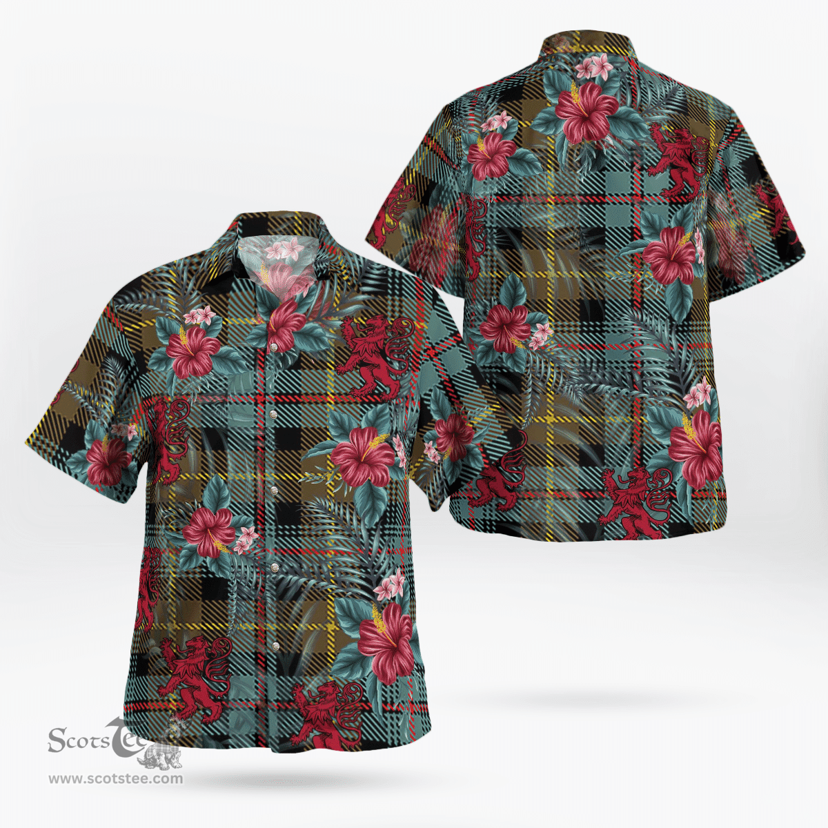 Scottish Clan Farquharson Weathered Tartan Scottish Lion Hawaiian Shirt | Tartan Plaid Shirt Scottish Plaid Tartan Plaid - ScotsTee - scotstee.com