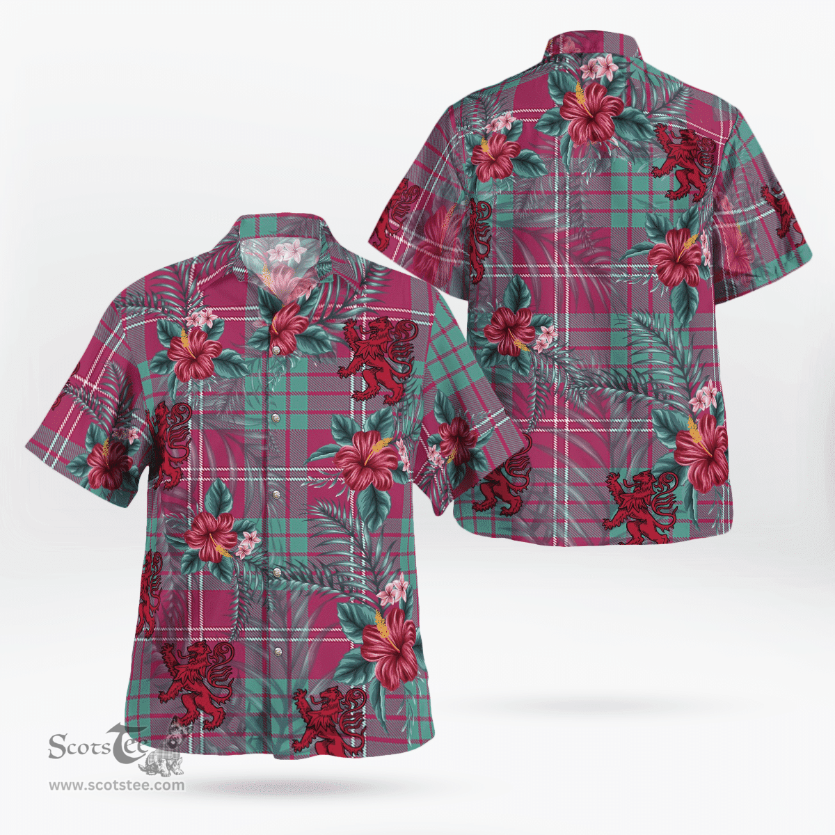 Scottish Clan Crawford Ancient Tartan Scottish Lion Hawaiian Shirt | Tartan Plaid Shirt Scottish Plaid Tartan Plaid - ScotsTee - scotstee.com