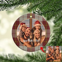 Scottish Cunningham Burgundy Dancers Tartan Ornament - Personalized Two Sided Family Christmas Photo Ceramic Ornament Scottish Plaid Tartan Plaid - ScotsTee - scotstee.com
