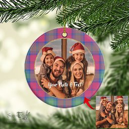 Scottish Lindsay Ancient Tartan Ornament - Personalized Two Sided Family Christmas Photo Ceramic Ornament Scottish Plaid Tartan Plaid - ScotsTee - scotstee.com
