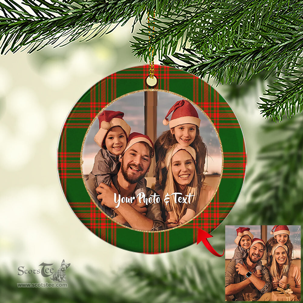 Scottish Menzies Green Modern Tartan Ornament - Personalized Two Sided Family Christmas Photo Ceramic Ornament Scottish Plaid Tartan Plaid - ScotsTee - scotstee.com