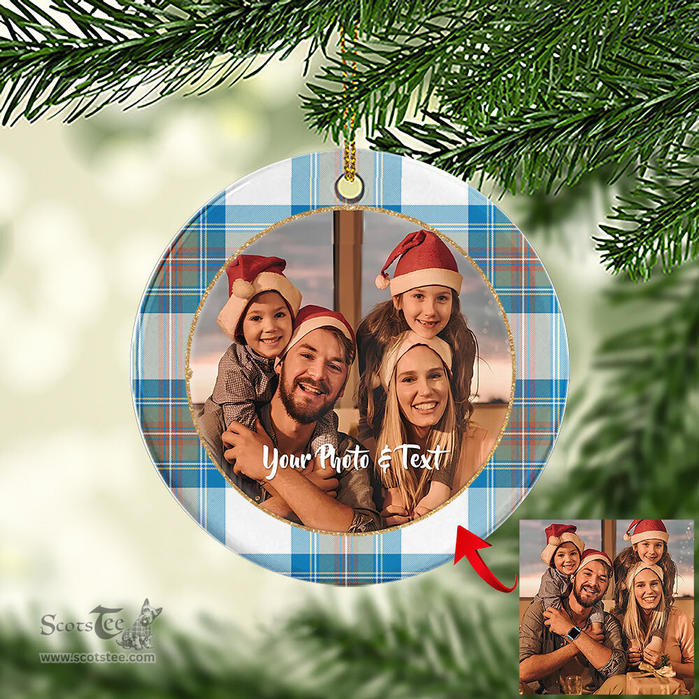 Scottish Stewart Muted Blue Tartan Ornament - Personalized Two Sided Family Christmas Photo Ceramic Ornament Scottish Plaid Tartan Plaid - ScotsTee - scotstee.com