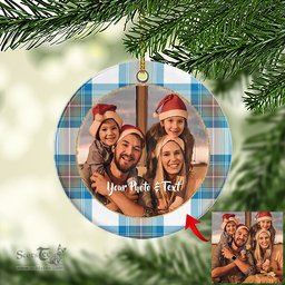 Scottish Stewart Muted Blue Tartan Ornament - Personalized Two Sided Family Christmas Photo Ceramic Ornament Scottish Plaid Tartan Plaid - ScotsTee - scotstee.com
