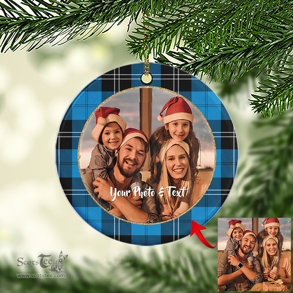 Scottish Ramsay Blue Ancient Tartan Ornament - Personalized Two Sided Family Christmas Photo Ceramic Ornament Scottish Plaid Tartan Plaid - ScotsTee - scotstee.com