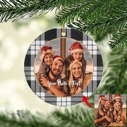 Scottish MacFarlane Black & White Ancient Tartan Ornament - Personalized Two Sided Family Christmas Photo Ceramic Ornament Scottish Plaid Tartan Plaid - ScotsTee - scotstee.com