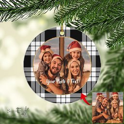 Scottish MacFarlane Black & White Tartan Ornament - Personalized Two Sided Family Christmas Photo Ceramic Ornament Scottish Plaid Tartan Plaid - ScotsTee - scotstee.com