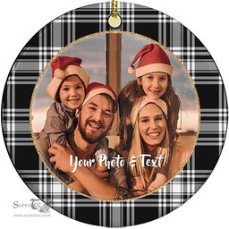 Scottish Menzies Black & White Modern Tartan Ornament - Personalized Two Sided Family Christmas Photo Ceramic Ornament Scottish Plaid Tartan Plaid - ScotsTee - scotstee.com