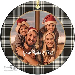 Scottish Menzies Black & White Ancient Tartan Ornament - Personalized Two Sided Family Christmas Photo Ceramic Ornament Scottish Plaid Tartan Plaid - ScotsTee - scotstee.com