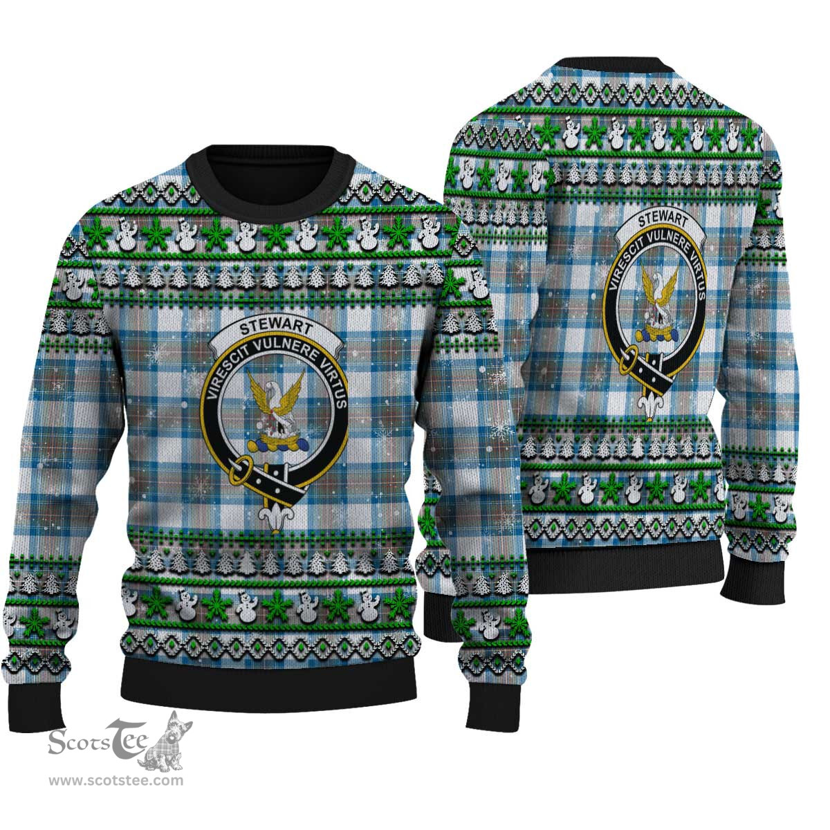 Scottish Stewart Muted Blue Clan Crest Tartan Ugly Christmas Sweater - Plaid Family Ugly Sweater Scottish Plaid Tartan Plaid - ScotsTee - scotstee.com