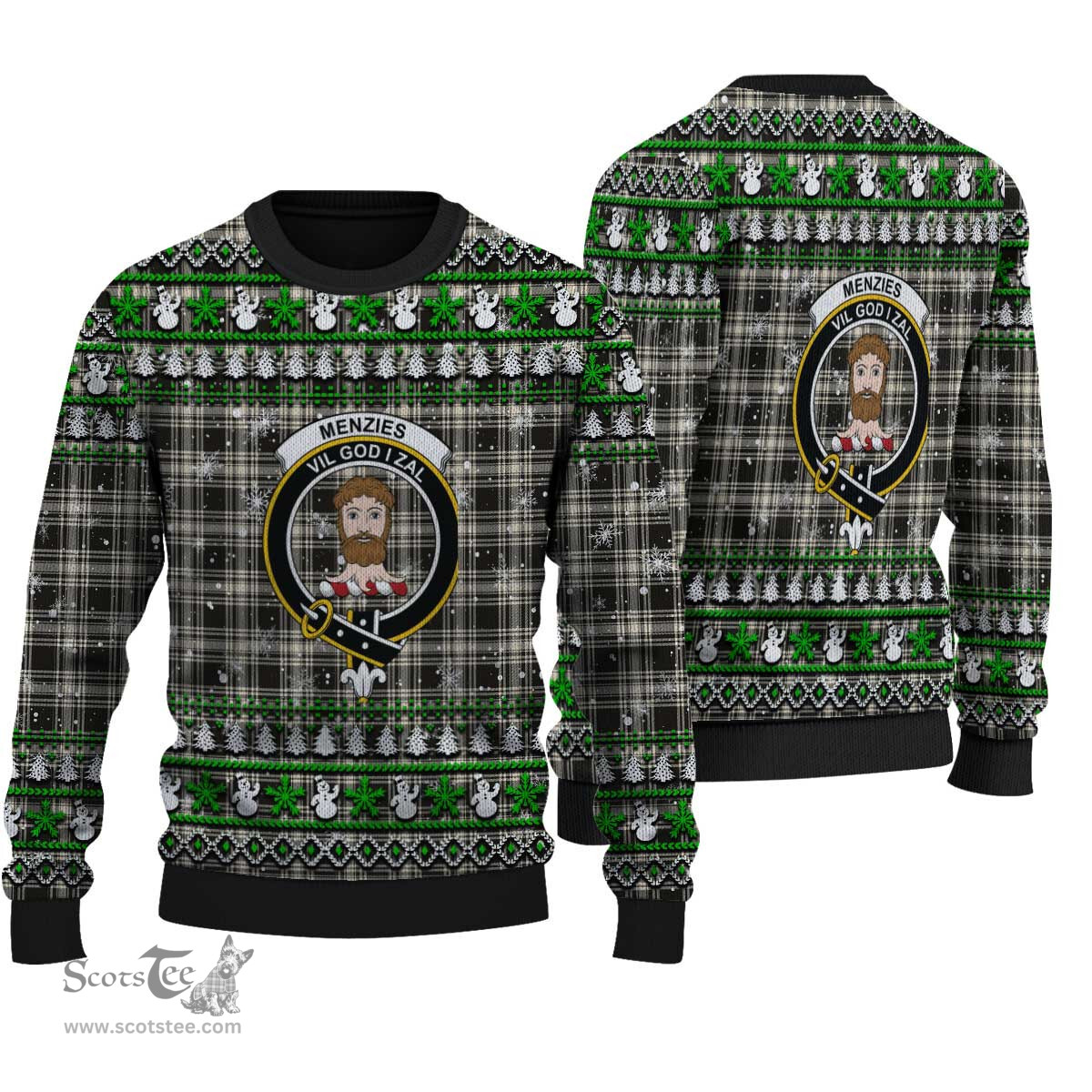 Scottish Menzies Black & White Ancient Clan Crest Tartan Ugly Christmas Sweater - Plaid Family Ugly Sweater Scottish Plaid Tartan Plaid - ScotsTee - scotstee.com