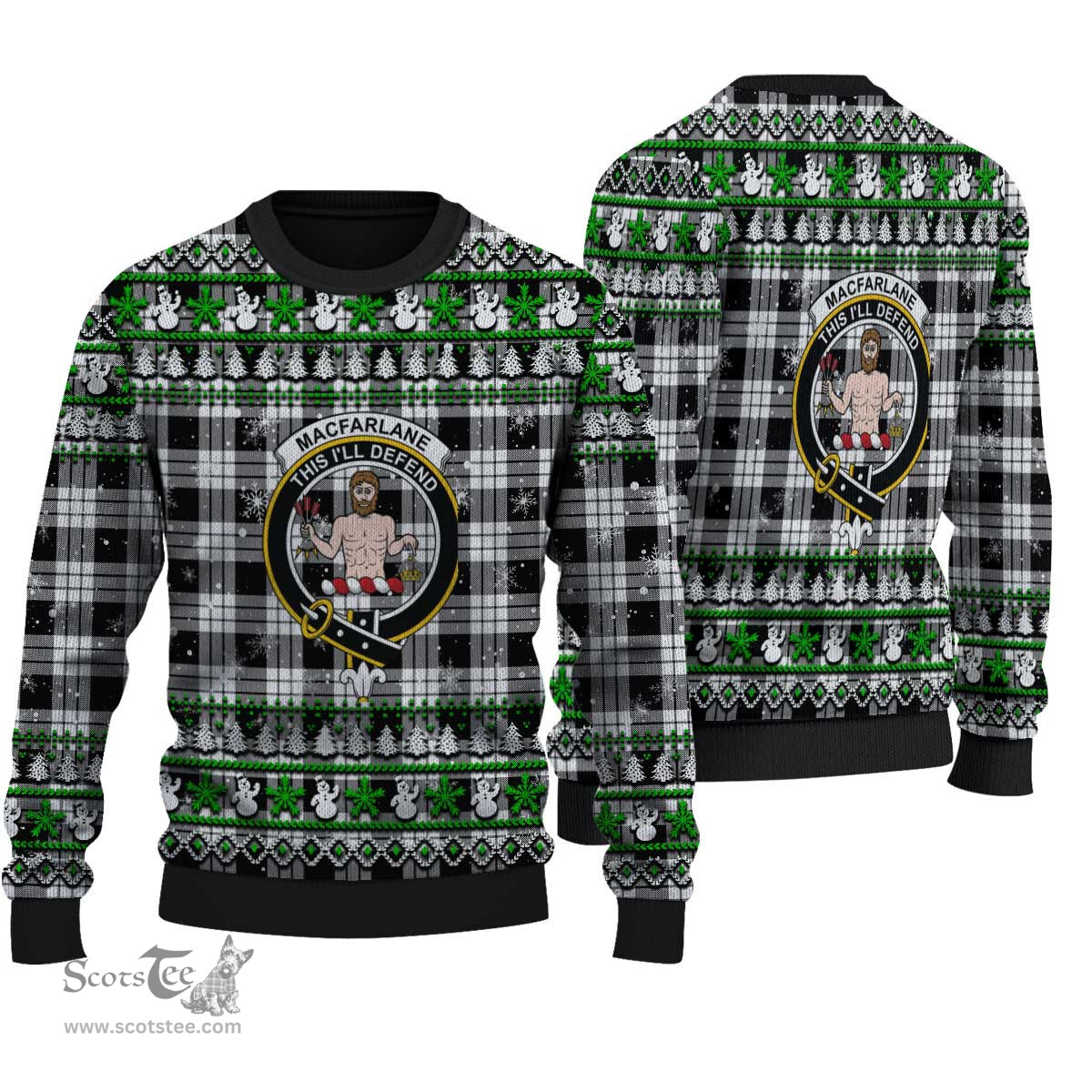 Scottish MacFarlane Black & White Clan Crest Tartan Ugly Christmas Sweater - Plaid Family Ugly Sweater Scottish Plaid Tartan Plaid - ScotsTee - scotstee.com