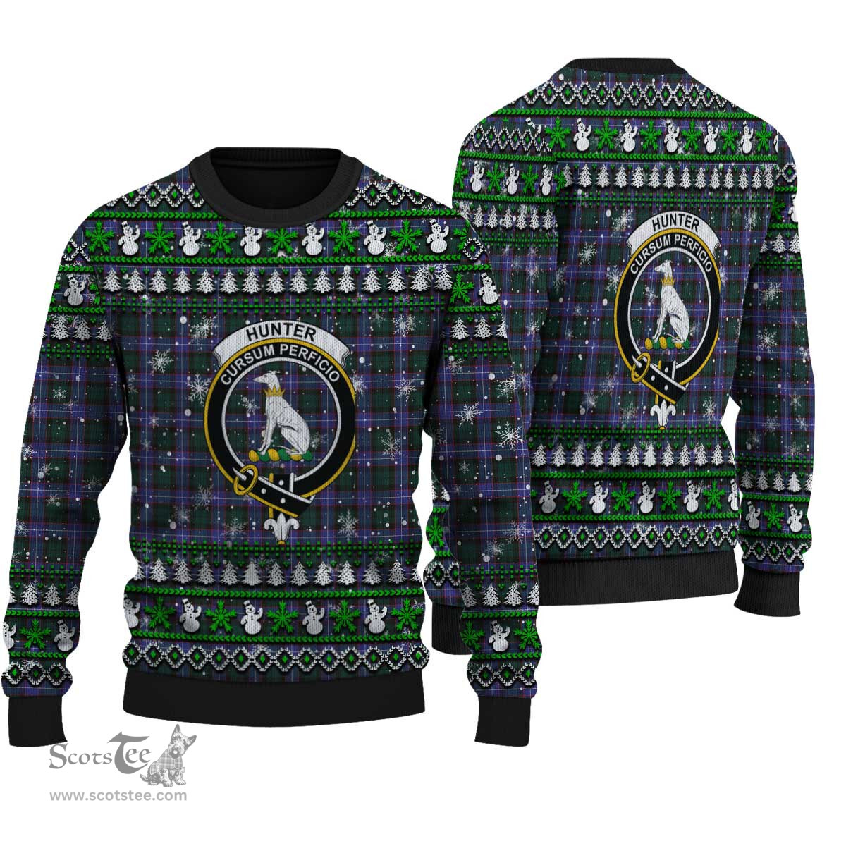 Scottish Hunter Modern Clan Crest Tartan Ugly Christmas Sweater - Plaid Family Ugly Sweater Scottish Plaid Tartan Plaid - ScotsTee - scotstee.com