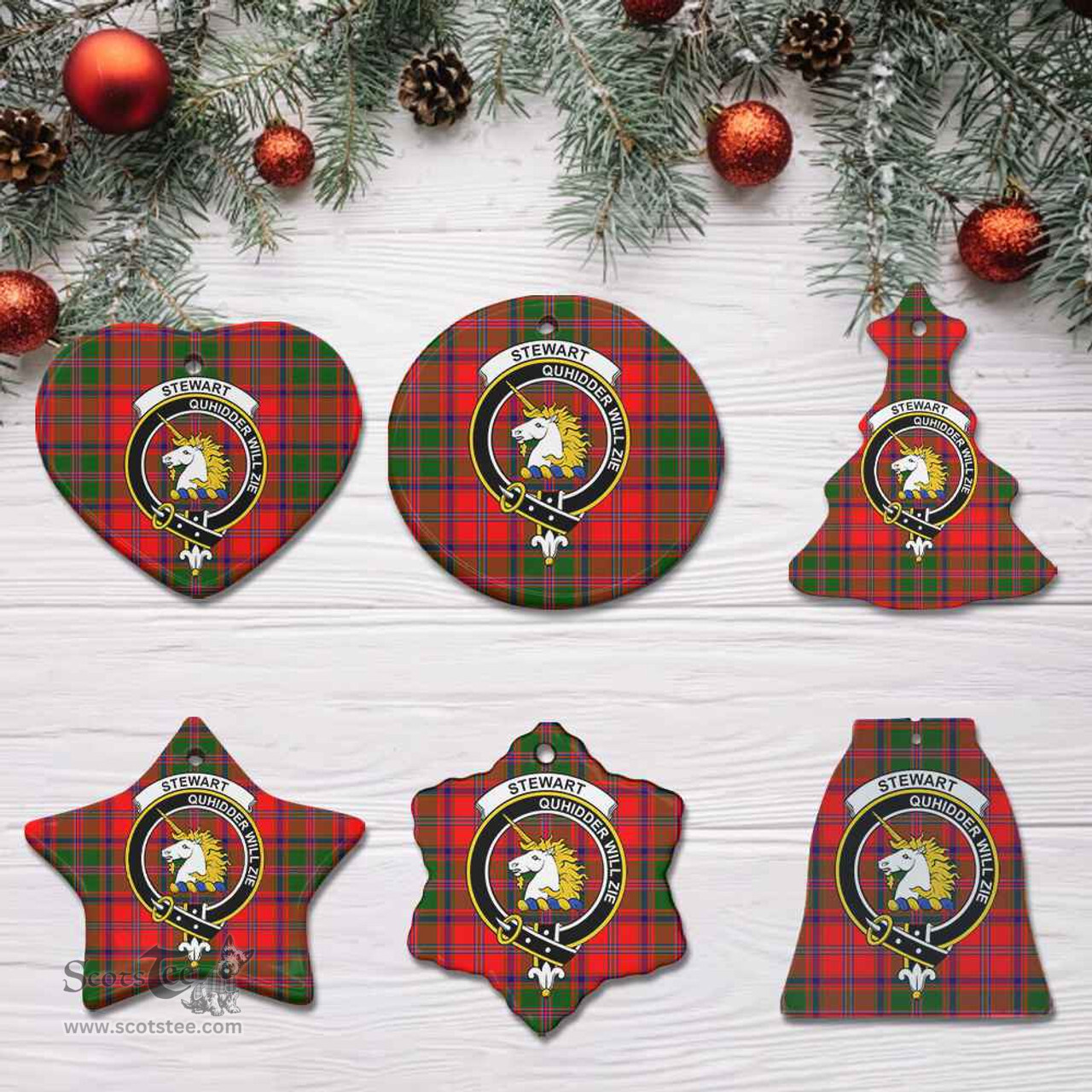 Scottish Stewart (of Appin) Clan Crest Tartan Ceramic Ornament - Combo set ScotsTee.com