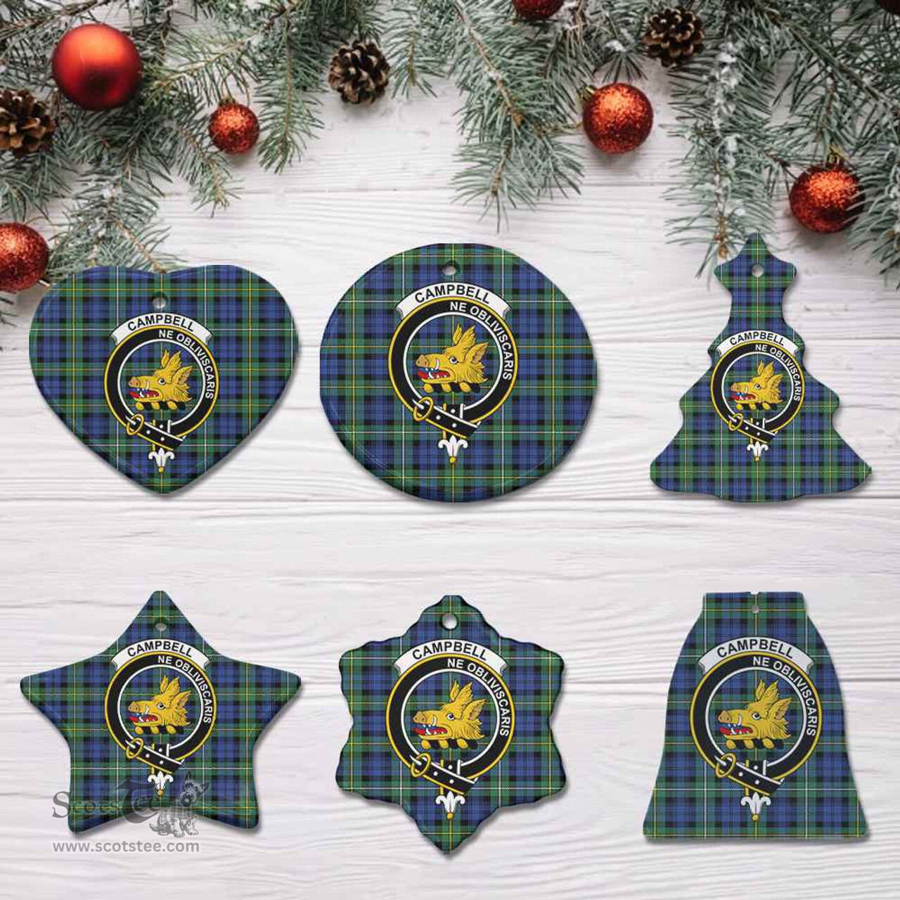 Scottish Campbell of Argyll Clan Crest Tartan Ceramic Ornament - Combo set ScotsTee.com