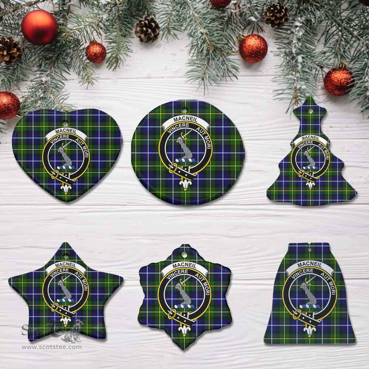 Scottish MacNeill of Barra Clan Crest Tartan Ceramic Ornament - Combo set ScotsTee.com